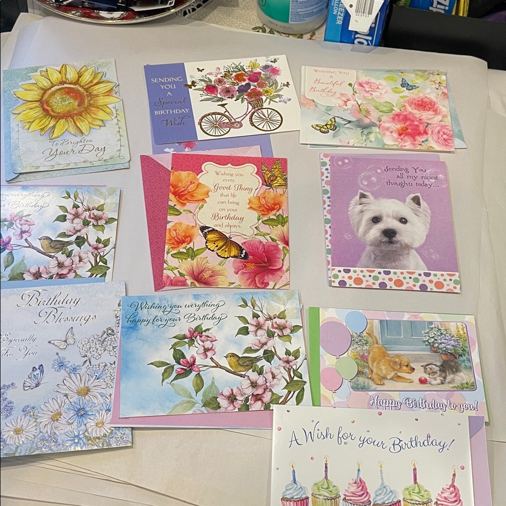 Set of 10 Assorted Birthday Greeting Cards – Floral, Cute & Scenic Designs – New